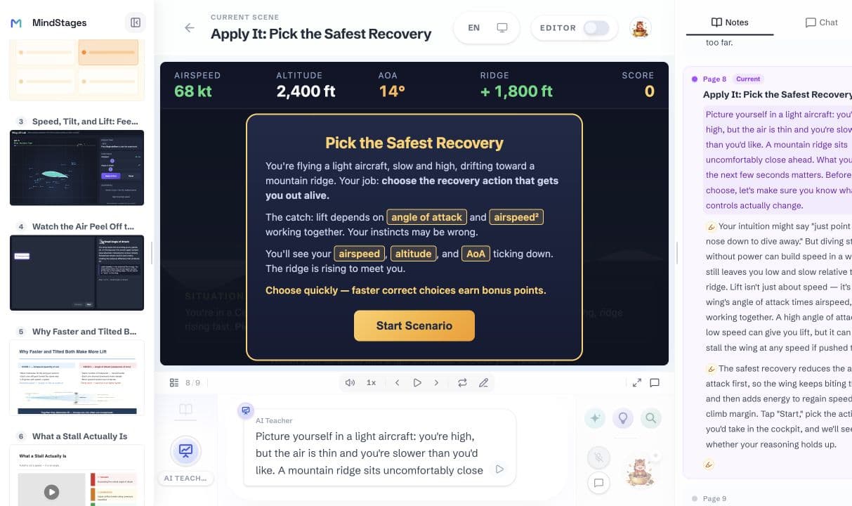 MindStages interactive classroom with a flight recovery simulation, AI Teacher, course scenes, notes, and chat